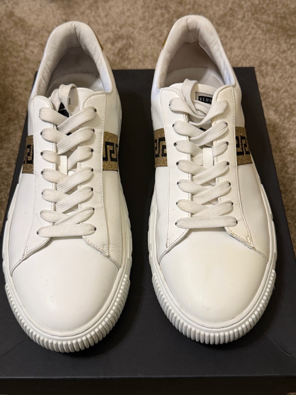 Versace White Leather Sneakers with Gold Greek Key Band